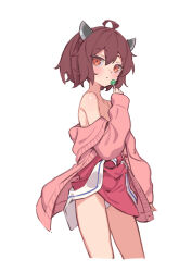 Rule 34 | 1girl, ahoge, bare shoulders, blush, brown hair, candy, cardigan, commentary request, cropped legs, dress, expressionless, food, headgear, highres, holding, holding candy, holding food, holding lollipop, lollipop, looking at viewer, off shoulder, open cardigan, open clothes, panties, pink cardigan, red eyes, short hair, simple background, solo, touhoku kiritan, underwear, voiceroid, white background, white panties, yamamomo (plank)