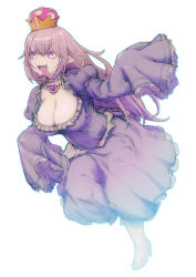 Rule 34 | 1girl, absurdres, blush, breasts, brooch, cleavage, collar, commentary request, crown, dress, feral lemma, frilled collar, frilled dress, frilled sleeves, frills, full body, high heels, highres, jewelry, large breasts, long hair, long sleeves, long tongue, luigi&#039;s mansion, mario (series), new super mario bros. u deluxe, nintendo, photoshop (medium), pink hair, pointy ears, princess king boo, puffy sleeves, purple dress, purple eyes, simple background, solo, super crown, tongue, tongue out, very long hair, white background, wide sleeves