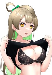 Rule 34 | 1girl, :p, black bra, black shirt, bow, bra, brown hair, collarbone, dot nose, green bow, green hair, hair bow, highres, kooei, lace, lace-trimmed bra, lace trim, lifted by self, long hair, looking at viewer, love live!, love live! school idol project, minami kotori, shadow, shirt, simple background, solo, string bra, tongue, tongue out, two side up, underwear, upper body, white background, yellow eyes