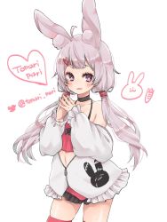 Rule 34 | 1girl, ahoge, animal ear fluff, animal ears, camisole, character name, commentary request, hair ornament, hairclip, highres, jacket, long hair, low twintails, mao hinata, off jacket, off shoulder, pink eyes, pink hair, rabbit ears, red camisole, red shorts, red thighhighs, short shorts, shorts, simple background, smile, solo, thighhighs, tomari mari, tomari mari channel, twintails, virtual youtuber, white background, white jacket
