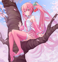 Rule 34 | 1girl, arm at side, bare shoulders, bib (bibboss39), blue sky, blush, boots, breasts, cherry blossoms, cherry hair ornament, closed mouth, collared shirt, commentary, day, floating hair, food-themed hair ornament, full body, hair ornament, hatsune miku, headset, highres, in tree, long hair, long sleeves, looking at viewer, miniskirt, necktie, outdoors, petals, pink eyes, pink footwear, pink hair, pink necktie, pink skirt, pink sleeves, pleated skirt, sakura miku, shirt, sitting, skirt, sky, small breasts, smile, solo, thigh boots, thighhighs, tree, twintails, very long hair, vocaloid, white shirt, wind, zettai ryouiki