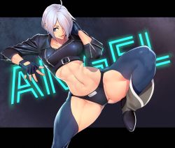Rule 34 | 1girl, angel (kof), boots, breasts, character name, cowboy boots, gloves, highres, jacket, large breasts, muscular, ogami, sleeves rolled up, smile, solo, the king of fighters, white hair