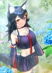 Rule 34 | 1girl, :3, animal ear fluff, animal ears, bare shoulders, bell, black hair, black shirt, black skirt, black sleeves, breasts, choker, closed mouth, commentary request, cropped shirt, detached sleeves, flipped hair, floral print, flower, hair between eyes, hair ornament, hairclip, highres, hololive, hydrangea, jingle bell, kouhaku nawa, long hair, looking at viewer, medium breasts, midriff, miniskirt, multicolored hair, navel, necktie, ookami mio, ookami mio (1st costume), pleated skirt, rain, red choker, red hair, red necktie, rope, sailor collar, sailor shirt, school uniform, serafuku, shimenawa, shirt, sideless outfit, sidelocks, skirt, sleeveless, smile, solo, streaked hair, tail, takahira (takahirac562), thighhighs, undershirt, virtual youtuber, white thighhighs, wolf ears, wolf girl, wolf tail, yellow eyes