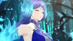 Rule 34 | 1girl, armpit peek, bare shoulders, blue fire, blue hair, blurry, blurry background, brighid (xenoblade), closed eyes, closed mouth, commentary, fiery hair, fire, forest, highres, long hair, multicolored hair, nature, purple hair, sculp2, solo, two-tone hair, upper body, xenoblade chronicles (series), xenoblade chronicles 2