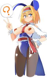Rule 34 | 1girl, ?, alice margatroid, alternate costume, animal ears, black pantyhose, blonde hair, blue eyes, breasts, breasts out, capelet, cropped legs, hairband, hand on own hip, hand up, heart, heart-shaped pupils, heart pasties, kamukamu (ars), leotard, medium breasts, pantyhose, pasties, playboy bunny, rabbit ears, red hairband, red neckwear, sash, short hair, simple background, solo, spoken question mark, symbol-shaped pupils, touhou, v, white background, white capelet, wrist cuffs