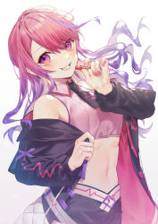 Rule 34 | 1girl, crop top, highres, indie virtual youtuber, long hair, looking at viewer, matches, matches, midriff, multicolored hair, nail polish, navel, pale skin, pink hair, purple eyes, purple hair, smile, solo, tsmatch, virtual youtuber, wenz