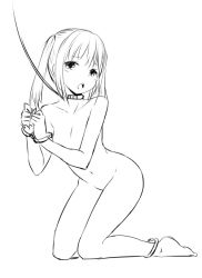 Rule 34 | 1girl, bdsm, bondage, bound, cuffs, female focus, greyscale, handcuffs, kneeling, leash, lineart, looking at viewer, monochrome, nude, open mouth, short hair, simple background, solo, white background, zaxwu