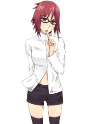 Rule 34 | 1girl, black thighhighs, cowboy shot, female focus, glasses, ichihisa, karin (naruto), looking at viewer, naruto (series), naruto shippuuden, navel, red eyes, red hair, short hair, short shorts, shorts, simple background, solo, thighhighs, white background
