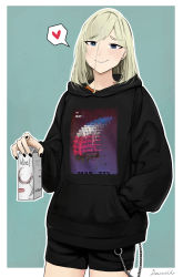 Rule 34 | 1girl, artist name, bag, black hoodie, black nails, black shorts, blonde hair, blue eyes, blush, bullpup, chain, closed mouth, commentary, darkpulsegg, english commentary, eye piercing, famas (girls&#039; frontline), feet out of frame, girls&#039; frontline, gun, hand in pocket, heart, heart print, highres, holding, holding bag, hood, hoodie, long hair, looking at viewer, nail polish, print hoodie, shorts, simple background, smile, solo, standing