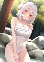 Rule 34 | 1girl, :o, bare arms, bare shoulders, blush, breasts, casual one-piece swimsuit, commentary request, covered navel, day, frilled one-piece swimsuit, frilled swimsuit, frills, grey hair, groin, hair bobbles, hair ornament, hand up, karutamo, large breasts, long hair, looking at viewer, one-piece swimsuit, one side up, onsen, original, outdoors, parted lips, red eyes, sitting, solo, swimsuit, tisshu (karutamo), tree, water, white one-piece swimsuit
