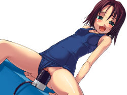 Rule 34 | 1girl, blush, bosshi, brown hair, censored, clitoris, clothing aside, dildo, dildo riding, fang, green eyes, highres, large insertion, object insertion, one-piece swimsuit, open mouth, pussy, school swimsuit, sex toy, sitting, solo, spread legs, swimsuit, swimsuit aside, urethra, vaginal, vaginal object insertion