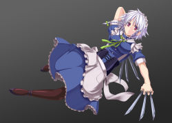 Rule 34 | 1girl, apron, arm behind head, bad id, bad pixiv id, black pantyhose, bow, bowtie, braid, breasts, corset, female focus, frilled skirt, frills, gradient eyes, grey background, hair bow, high heels, impossible clothes, impossible shirt, izayoi sakuya, jumping, knife, lace, maid, maid apron, maid headdress, medium breasts, multicolored eyes, pantyhose, popi (pixiv), pumps, purple eyes, red eyes, ribbed shirt, ribbon, shirt, silver hair, skirt, solo, suspenders, touhou, twin braids, vi (ena0930)