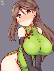 Rule 34 | 1girl, alternate costume, amagi (kancolle), artist logo, asymmetrical hair, black gloves, blush, breasts, brown eyes, brown hair, china dress, chinese clothes, dated, dress, elbow gloves, embarrassed, gloves, green dress, grey background, kanon (kurogane knights), kantai collection, large breasts, long hair, looking at viewer, mole, mole under eye, no panties, one-hour drawing challenge, ponytail, side slit, sleeveless, sleeveless dress, solo, wide ponytail