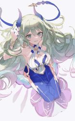 Rule 34 | 1girl, bare arms, blue dress, blue horns, blue nails, bracelet, breasts, bubble, closed mouth, dress, floating hair, green eyes, green hair, highres, honkai (series), honkai impact 3rd, horns, jewelry, long hair, looking at viewer, medium breasts, mobius (daughter of corals) (honkai impact), mobius (honkai impact), nail polish, simple background, sitting, smile, solo, two side up, very long hair, white background, yuuli (tuna221022)