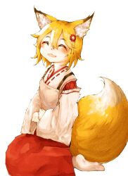 :d ^_^ animal_ear_fluff animal_ears apron brown_apron closed_eyes fox_ears fox_girl fox_tail hakama hakama_skirt japanese_clothes kei603527599620 kimono miko open_mouth red_hakama ribbon-trimmed_sleeves ribbon_trim senko_(sewayaki_kitsune_no_senko-san) sewayaki_kitsune_no_senko-san skirt smile tabi tail tail_raised white_kimono