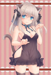 Rule 34 | 1girl, animal ears, black thighhighs, blue bow, blue bowtie, blue eyes, bow, bowtie, breasts, cat ears, cat tail, cleavage, cowboy shot, dress, grey hair, highres, hip vent, looking at viewer, miko (royal milk), no bra, no panties, original, paw pose, short hair, short twintails, sidelocks, simple background, solo, standing, striped, striped background, tail, thighhighs, twintails, zettai ryouiki