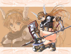 Rule 34 | 1girl, armor, armored boots, blonde hair, blue eyes, boots, breastplate, gauntlets, head wings, holding, holding polearm, holding polearm, holding shield, holding weapon, long hair, open mouth, pauldrons, polearm, retro artstyle, sheath, sheathed, shield, shoulder armor, solo, squatting, sword, thighhighs, weapon, wings, yoshizane akihiro, zoom layer