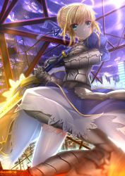 Rule 34 | 1girl, ahoge, armor, armored dress, artoria pendragon (all), artoria pendragon (fate), bad id, bad pixiv id, blonde hair, cityscape, cloud, dress, excalibur (fate/stay night), fate/stay night, fate/zero, fate (series), faulds, gauntlets, glowing, glowing weapon, greaves, green eyes, hair ribbon, highres, night, night sky, ribbon, saber (fate), short hair, sky, solo, sparks, star (sky), sword, swordsouls, thighhighs, weapon, white thighhighs