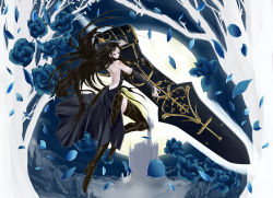 Rule 34 | 1girl, armor, back, backless outfit, bare back, bare shoulders, black hair, blue eyes, blue rose, boots, bridal gauntlets, castlevania (series), castlevania: order of ecclesia, detached sleeves, dress, flower, huge weapon, konami, long hair, rose, ruri (rukiafile), shanoa, side slit, solo, sword, tattoo, thigh boots, thighhighs, weapon