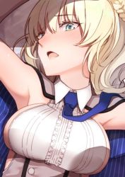 Rule 34 | 1girl, blonde hair, blue eyes, blue necktie, braid, breasts, capelet, colorado (kancolle), commentary request, kantai collection, large breasts, masukuza j, necktie, shirt, short hair, side braids, sideboob, sleeveless, solo, upper body, white shirt