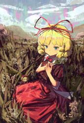 Rule 34 | 2girls, absurdres, black shirt, blonde hair, blue eyes, closed mouth, collared shirt, flower, frilled shirt collar, frills, hair ribbon, highres, lily of the valley, medicine melancholy, multiple girls, nepperoni, red ribbon, red skirt, ribbon, shirt, short hair, short sleeves, skirt, su-san, touhou, white flower