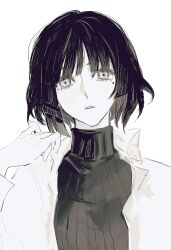 Rule 34 | 1girl, black hair, bocchi the rock!, hair ornament, hand on own shoulder, highres, jdxwc, long sleeves, looking at viewer, mole, mole under eye, monochrome, parted lips, short hair, simple background, solo, sweater, turtleneck, turtleneck sweater, upper body, white background, yamada ryo