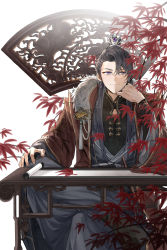 Rule 34 | 1boy, alternate hairstyle, chinese clothes, closed mouth, crossed legs, highres, jingsang w, long hair, long sleeves, looking at viewer, marius von hagen (tears of themis), scroll, simple background, sitting, smile, solo, table, tears of themis, white background