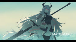 Rule 34 | 1girl, arknights, black shirt, black skirt, black thighhighs, breasts, character name, detached sleeves, echj, glowing, glowing eyes, grey hair, holding, holding weapon, horns, large breasts, letterboxed, long hair, long sleeves, looking at viewer, matoimaru (arknights), red eyes, shirt, short eyebrows, skirt, solo, standing, thick eyebrows, thighhighs, very long hair, weapon, white sleeves, wide sleeves