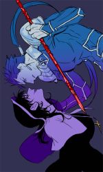 Rule 34 | 1boy, 1girl, bad id, bad pixiv id, black hair, blue hair, cross, cross necklace, cu chulainn (fate), cu chulainn (fate/stay night), earrings, eye contact, face-to-face, fate/stay night, fate (series), from behind, gae bolg (fate), genderswap, genderswap (mtf), habit, holding, holding weapon, j (onjj), jewelry, kotomine kirei, leaning forward, limited palette, lipstick, looking at another, makeup, necklace, nun, ponytail, simple background, smile, upper body, weapon