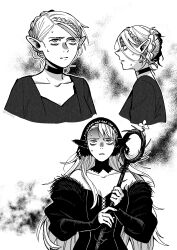Rule 34 | 1girl, absurdres, ambrosia (dungeon meshi), artist name, bags under eyes, braid, choker, collarbone, commentary, dress, dungeon meshi, ear covers, elf, english commentary, french braid, greyscale, highres, holding, holding staff, kkxuroky, marcille donato, marcille donato (dungeon lord), monochrome, multiple views, off-shoulder dress, off shoulder, parted lips, pointy ears, robe, smoke, staff, sweat, sweatdrop