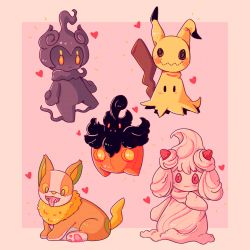 Rule 34 | alcremie, alcremie (ruby cream), alcremie (strawberry sweet), bad id, bad tumblr id, commentary, creature, creatures (company), dog, english commentary, fangs, food, fruit, full body, game freak, gen 6 pokemon, gen 7 pokemon, gen 8 pokemon, heart, highres, lavenderhomo, legendary pokemon, looking at viewer, marshadow, marshadow (gloom), mimikyu, mythical pokemon, nintendo, no humans, pink background, pokemon, pokemon (creature), pumpkaboo, simple background, standing, standing on one leg, strawberry, yamper