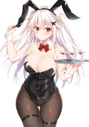Rule 34 | 1girl, animal ears, bare shoulders, black hairband, black leotard, blush, bow, bowtie, breasts, brown pantyhose, butterfly hair ornament, cleavage, cocktail glass, collar, collarbone, commentary request, covered navel, cup, detached collar, drink, drinking glass, etna (kuzuyu), fake animal ears, fishnet pantyhose, fishnets, groin, hair between eyes, hair ornament, hairband, hand on own ear, hand up, highres, holding, holding tray, komori kuzuyu, large breasts, leotard, long hair, original, pantyhose, playboy bunny, rabbit ears, red bow, red bowtie, red eyes, simple background, skindentation, solo, strapless, strapless leotard, thigh gap, thigh strap, tray, two side up, very long hair, white background, white collar, white hair, wing collar, wrist cuffs