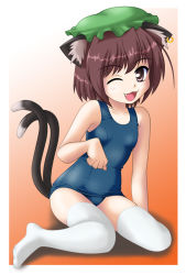 Rule 34 | 1girl, animal ears, brown eyes, brown hair, cat ears, cat girl, cat tail, chen, earrings, fang, female focus, hat, jewelry, neopure, one-piece swimsuit, one eye closed, open mouth, school swimsuit, short hair, sitting, smile, solo, swimsuit, tail, thighhighs, thighs, touhou, twintails, white thighhighs, wink