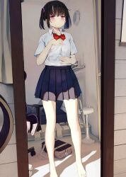 Rule 34 | 1girl, bag, bare legs, bare legs girl (kamizaki hibana), barefoot, black hair, blue skirt, blush, bow, bowtie, closed mouth, collared shirt, commentary request, dot mouth, electric fan, hair ornament, indoors, kamizaki hibana, looking at mirror, looking at viewer, miniskirt, mirror, original, pleated skirt, pov, purple eyes, red bow, red bowtie, reflection, school uniform, shirt, short sleeves, skirt, solo, twintails, unworn bag, white shirt