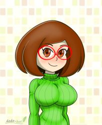 Rule 34 | 1girl, arms at sides, artist name, blush, bob cut, breasts, brown eyes, brown hair, closed mouth, dodo-bot, eyelashes, glasses, green sweater, highres, impossible clothes, impossible sweater, large breasts, looking at viewer, nikki (swapnote), nintendo, red-framed eyewear, ribbed sweater, short hair, smirk, solo, swapnote, sweater, upper body
