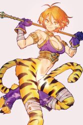 Rule 34 | 1girl, animal ears, bottomless, breasts, breath of fire, breath of fire ii, bustier, cat ears, cat tail, cleavage, closed mouth, facial mark, furry, furry female, gloves, green eyes, highres, looking at viewer, mirin chikuwa, no panties, no pants, orange hair, pointy ears, rinpoo chuan, short hair, simple background, solo, staff, tail, weapon