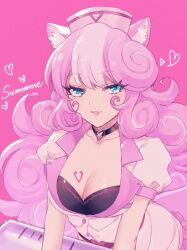 Rule 34 | 1girl, animal ears, black bra, blue eyes, bra, breasts, character name, cleavage, heart, highres, large breasts, long hair, looking at viewer, mel6969, multicolored hair, open clothes, open shirt, pink background, pink hair, show by rock!!, solo, squirrel ears, squirrel girl, sumomone (show by rock!!), tongue, tongue out, underwear, wavy hair
