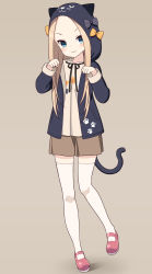 Rule 34 | 1girl, :3, abigail williams (fate), animal ears, animal hood, bad id, bad pixiv id, bell (oppore coppore), black bow, black jacket, blonde hair, blue eyes, blush, bow, brown background, brown shirt, brown skirt, cat ears, cat girl, cat hood, cat tail, closed mouth, commentary request, fake animal ears, fate/grand order, fate (series), forehead, full body, hands up, head tilt, highres, hood, hood up, hooded jacket, jacket, long hair, long sleeves, looking at viewer, mary janes, open clothes, open jacket, orange bow, parted bangs, paw pose, pleated skirt, polka dot, polka dot bow, red footwear, shadow, shirt, shoes, skirt, solo, standing, standing on one leg, tail, thighhighs, v-shaped eyebrows, white thighhighs