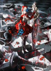 Rule 34 | 1girl, absurdres, armored boots, bishop (chess), blonde hair, blood, blood splatter, blue eyes, boots, bouquet, bow, checkered floor, chess piece, expressionless, flower, flower over eye, gauntlets, gawako, hair bow, highres, holding, holding bouquet, holding weapon, knight (chess), looking at viewer, original, pawn (chess), planted, planted sword, planted weapon, queen (chess), red bow, rook (chess), rose, solo, standing, sword, weapon