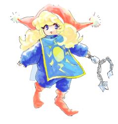 Rule 34 | 1girl, :d, bad drawr id, bad id, ball and chain (weapon), blonde hair, blue cape, blue eyes, blue shirt, cape, chain, charlotte (seiken densetsu 3), full body, hat, holding, holding weapon, konnyak, long hair, looking at viewer, oekaki, open mouth, pom pom (clothes), red hat, red socks, seiken densetsu, seiken densetsu 3, shirt, simple background, sleeves past wrists, smile, socks, solo, tachi-e, triangle mouth, weapon, white background