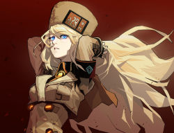 Rule 34 | 1girl, arms behind head, arms up, black gloves, blonde hair, blue eyes, brown hat, brown jacket, collar, collared shirt, commentary, fingerless gloves, from side, gloves, gogalking, guilty gear, hair between eyes, hat, highres, jacket, lips, long hair, long sleeves, looking at viewer, millia rage, parted lips, red background, shirt, simple background, solo, standing, very long hair
