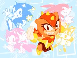 Rule 34 | 2girls, 3boys, abstract background, absurdres, amy rose, animal ears, animal nose, black eyes, blue background, clenched hand, closed mouth, commentary request, fox boy, full body, furry, furry female, furry male, gloves, grin, highres, knuckles the echidna, looking at viewer, multiple boys, multiple girls, multiple tails, open mouth, reptile girl, shoes, skirt, smile, sonic (series), sonic superstars, sonic the hedgehog, sonic the hedgehog (classic), star (symbol), tail, tails (sonic), tokiwa757, trip the sungazer, two tails