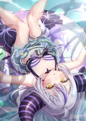 Rule 34 | 1girl, absurdres, allymidorikawa, bikini, black shorts, blush, breasts, cleavage, demon girl, demon horns, grey hair, highres, hololive, hololive summer 2023 swimsuit, horns, la+ darknesss, looking at viewer, multicolored hair, official alternate costume, open mouth, purple bikini, purple hair, short shorts, shorts, small breasts, solo, streaked hair, striped bikini, striped clothes, swimsuit, thigh strap, virtual youtuber, yellow eyes