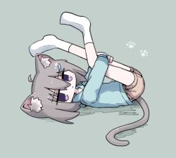 Rule 34 | 1girl, ahoge, animal ear fluff, animal ears, blue hoodie, brown shorts, cat ears, cat girl, cat tail, closed mouth, fish hair ornament, from side, full body, grey background, grey hair, hair between eyes, hair ornament, hood, hood down, hoodie, hugging own legs, jitome, kanikan, legs up, long sleeves, looking at viewer, looking to the side, lying, medium hair, no shoes, on back, original, paw print, purple eyes, short shorts, shorts, simple background, socks, solo, tail, white socks