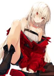 Rule 34 | a.t. zero, asymmetrical legwear, bare shoulders, black legwear, boots, closed mouth, collarbone, eyebrows, eyelashes, highres, jacket, long hair, red eyes, red jacket, shirt, shorts, source request, strapless, thighhighs, uneven legwear, white background, white hair, white shirt, zipper