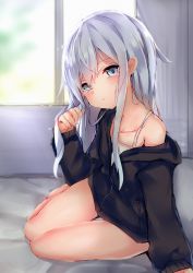 Rule 34 | absurdres, arm support, bare shoulders, black sweater, blue eyes, blush, collarbone, commentary, day, hibiki (kancolle), highres, indoors, kantai collection, kure (kure ng), long hair, looking at viewer, off-shoulder sweater, off shoulder, on bed, pillow, shirt, sidelocks, silver hair, sitting, sleeves past wrists, sweater, tank top, very long hair, white shirt, window