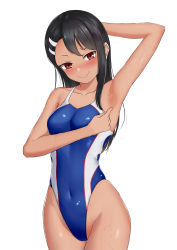 Rule 34 | 1girl, absurdres, arm behind head, armpits, black hair, blue one-piece swimsuit, blush, brown eyes, commentary request, competition swimsuit, cowboy shot, dark-skinned female, dark skin, earclip, earrings, female focus, hair ornament, hairclip, hand up, highleg, highleg swimsuit, highres, ijiranaide nagatoro-san, jewelry, long hair, looking at viewer, nagatoro hayase, nose blush, one-piece swimsuit, parted bangs, pointing, portrait, shinalpha, sidelocks, simple background, smile, solo, swimsuit, tan, wet, wet clothes, white background