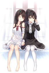 Rule 34 | 2girls, absurdres, bare shoulders, barefoot, black bow, black dress, blush, bow, breasts, brown hair, center frills, closed eyes, closed mouth, collarbone, curtains, day, dress, fingernails, frilled dress, frills, full body, hair between eyes, hair bow, hair ornament, halterneck, hand up, head tilt, high ponytail, highres, holding hands, interlocked fingers, juliet sleeves, leaning on person, leaning to the side, long sleeves, medium breasts, multiple girls, no shoes, original, pantyhose, parted lips, ponytail, puffy sleeves, short sleeves, side-by-side, sidelocks, sitting, sleeping, sleeping on person, sunlight, toenails, transparent, white dress, white legwear, window, ym (distance819)