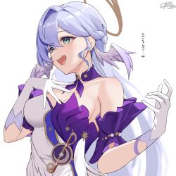 Rule 34 | 1girl, absurdres, armpit crease, breasts, cleavage, collarbone, detached collar, detached sleeves, dress, from side, gloves, green eyes, hand on own chest, hands up, head wings, highres, honkai: star rail, honkai (series), long hair, looking ahead, medium breasts, open mouth, purple hair, purple sleeves, ramchi, robin (honkai: star rail), signature, simple background, solo, strapless, strapless dress, upper body, white background, white gloves, wings