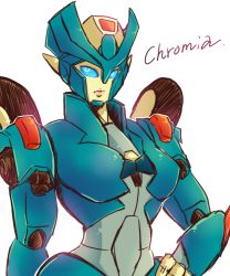 Rule 34 | 1girl, akycoo, autobot, blue eyes, character name, chromia, hand on own hip, looking to the side, looking up, mecha, robot, solo, transformers, white background